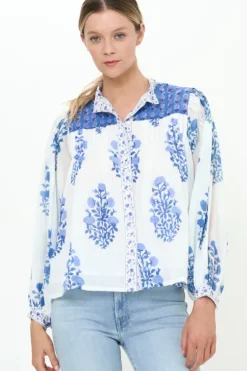 Hot Mandarin Pintuck Blouse- Salvia Blue Tops