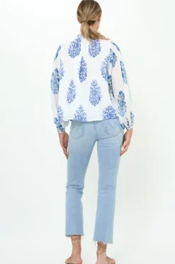 Hot Mandarin Pintuck Blouse- Salvia Blue Tops