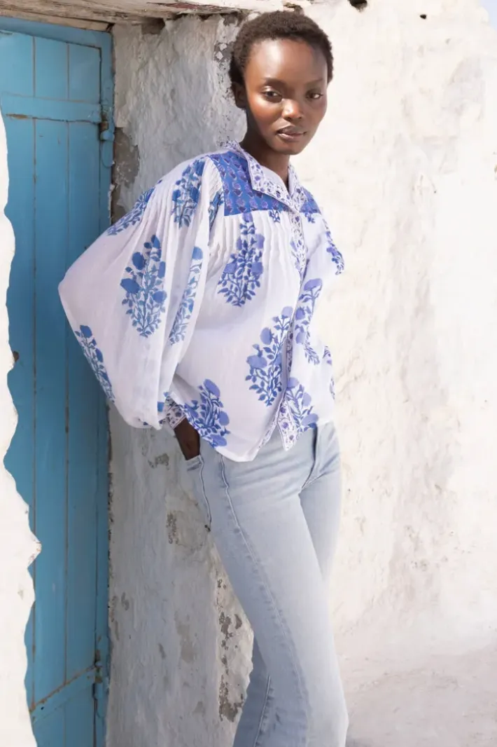 Hot Mandarin Pintuck Blouse- Salvia Blue Tops