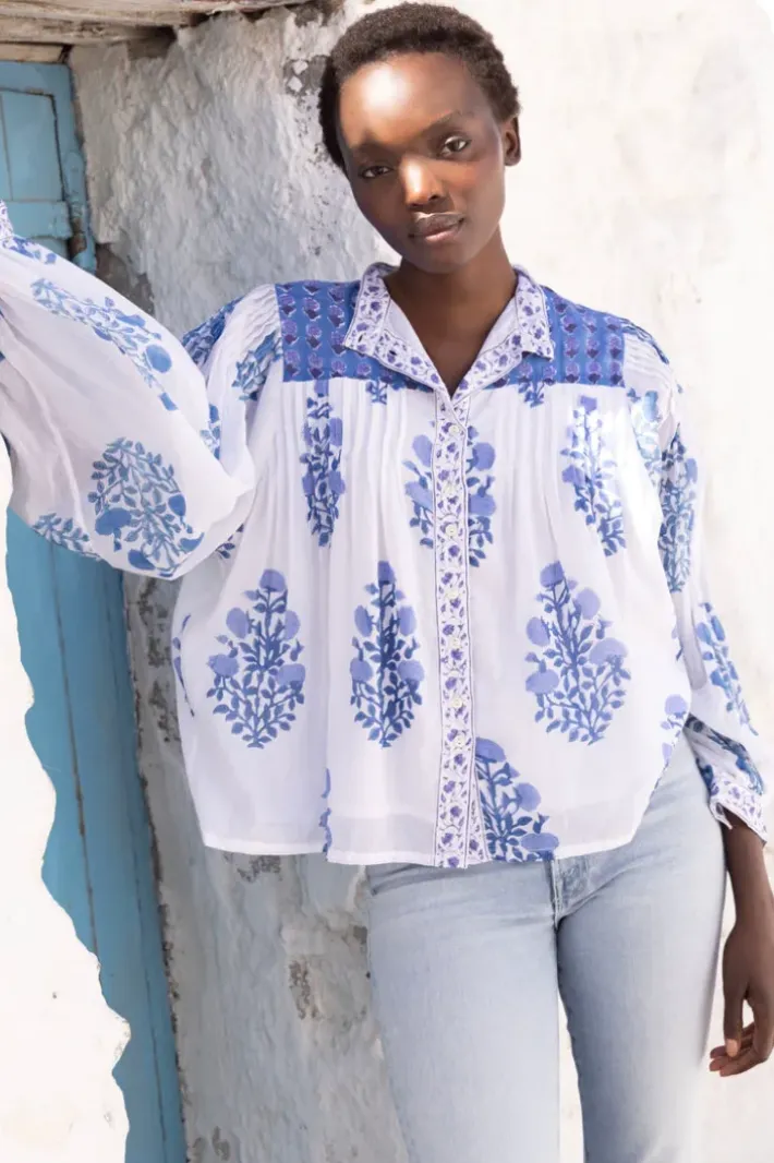 Hot Mandarin Pintuck Blouse- Salvia Blue Tops