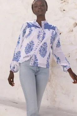 Hot Mandarin Pintuck Blouse- Salvia Blue Tops
