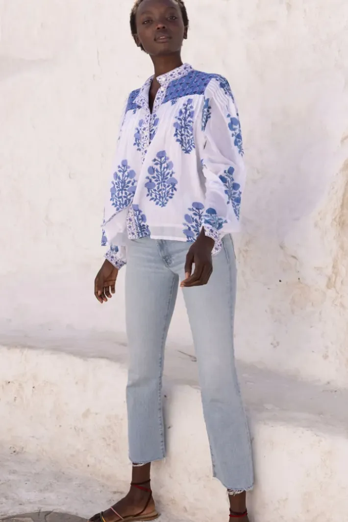 Hot Mandarin Pintuck Blouse- Salvia Blue Tops