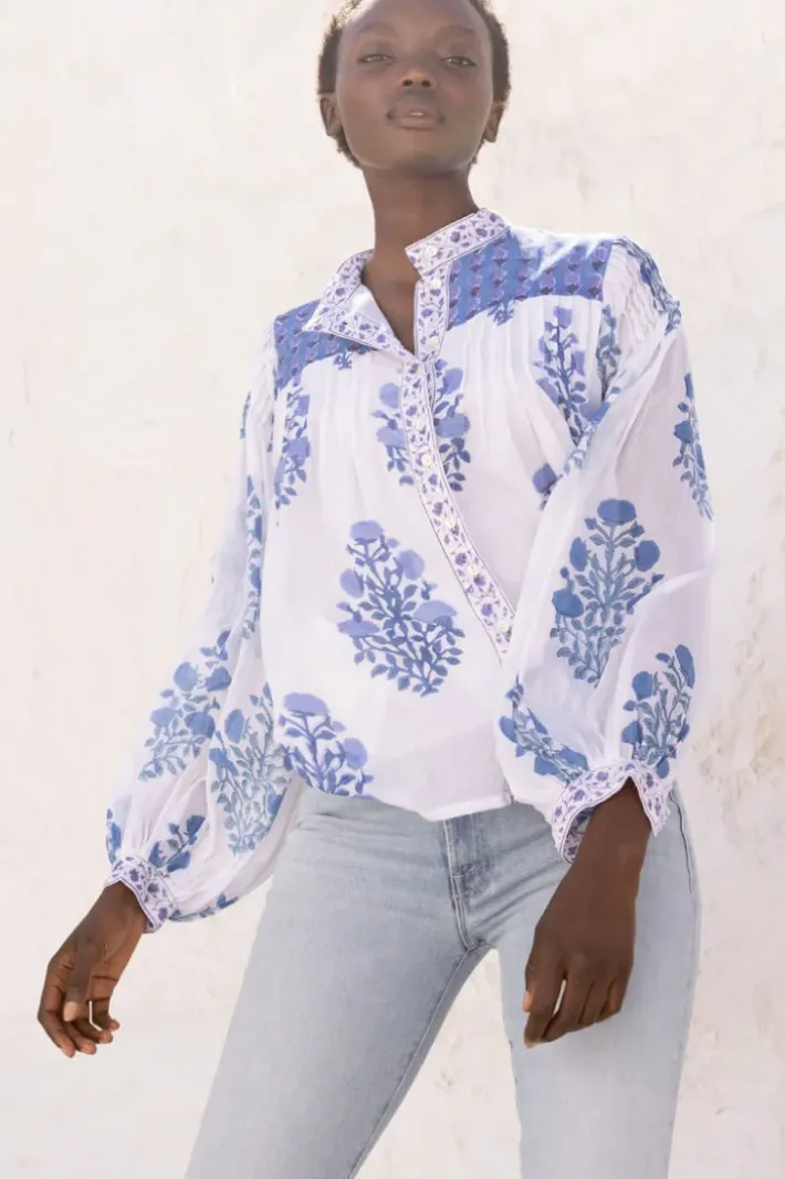 Hot Mandarin Pintuck Blouse- Salvia Blue Tops