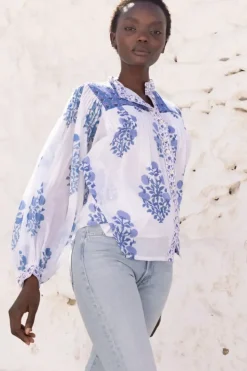 Hot Mandarin Pintuck Blouse- Salvia Blue Tops