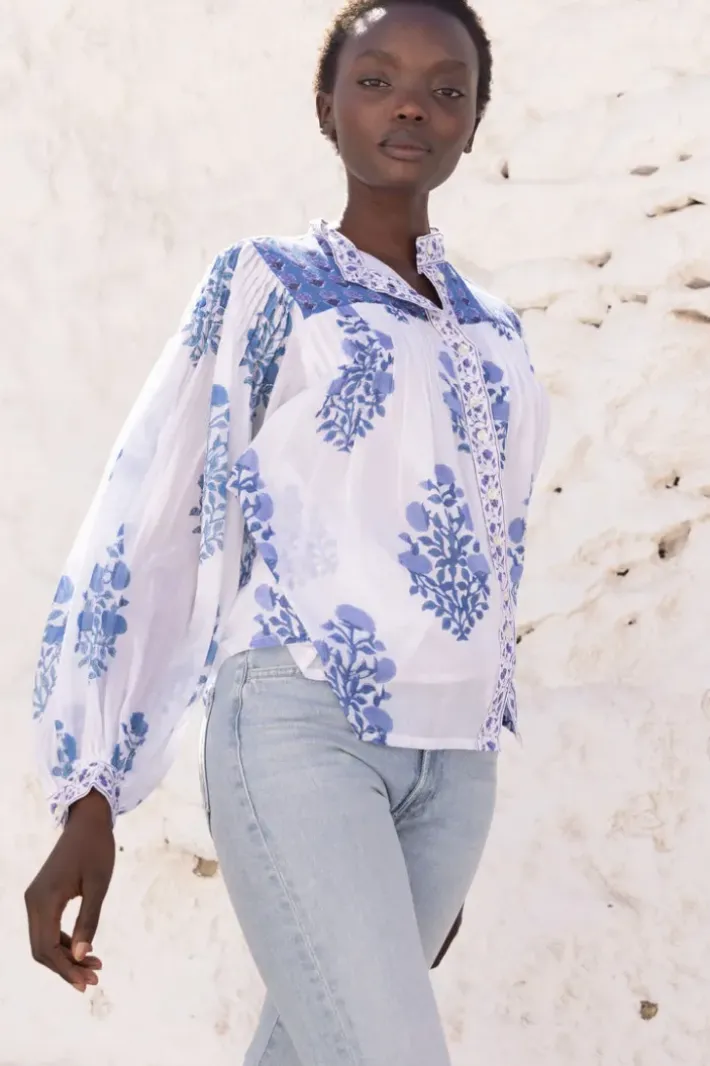 Hot Mandarin Pintuck Blouse- Salvia Blue Tops