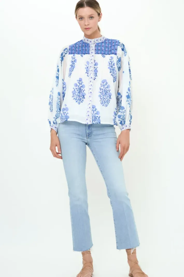Hot Mandarin Pintuck Blouse- Salvia Blue Tops
