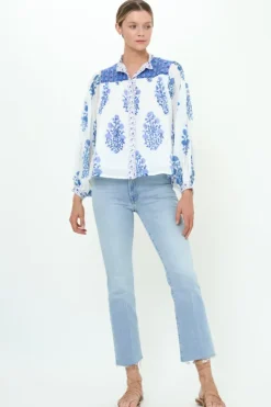 Hot Mandarin Pintuck Blouse- Salvia Blue Tops