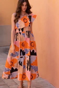 Clearance One Shoulder Ruffle Maxi- Riviera Orange Maxis|Dresses