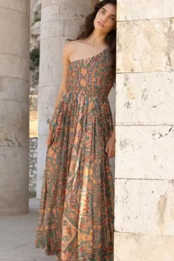 Best One Shoulder Smocked Maxi- Persia Aqua Maxis|Dresses