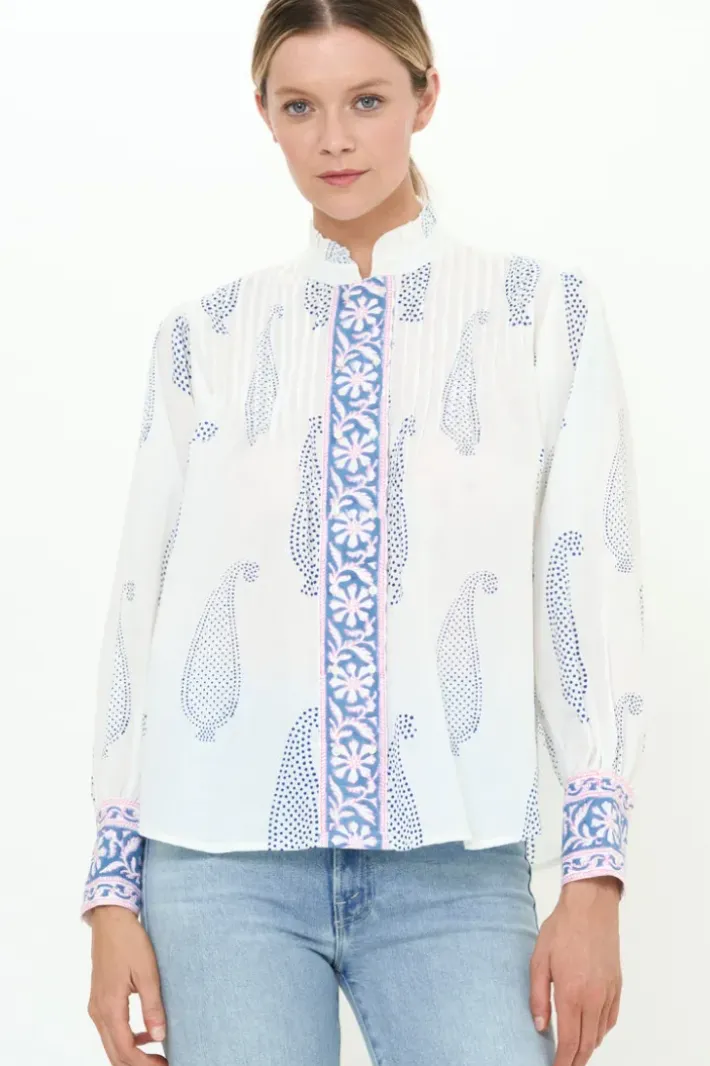 Pintuck Button Front Blouse- Aptos Blue Tops