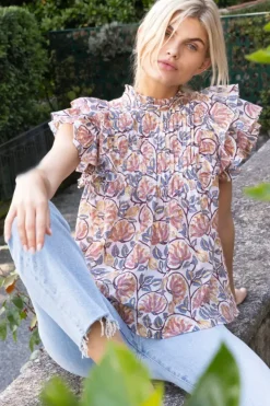Pintuck Ruffle Top- Montenegro Coral Tops