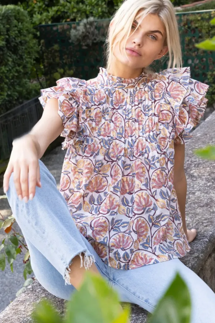 Pintuck Ruffle Top- Montenegro Coral Tops