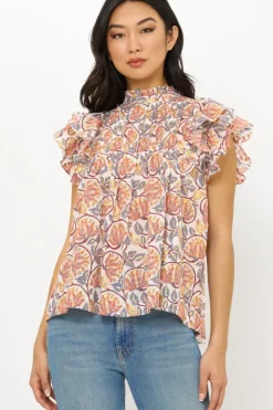 Pintuck Ruffle Top- Montenegro Coral Tops
