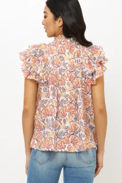 Pintuck Ruffle Top- Montenegro Coral Tops
