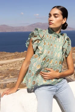 Best Pintuck Ruffle Top- Mughal Green Tops