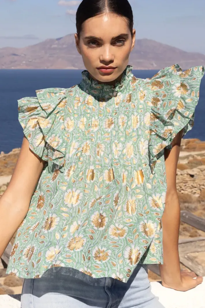 Best Pintuck Ruffle Top- Mughal Green Tops