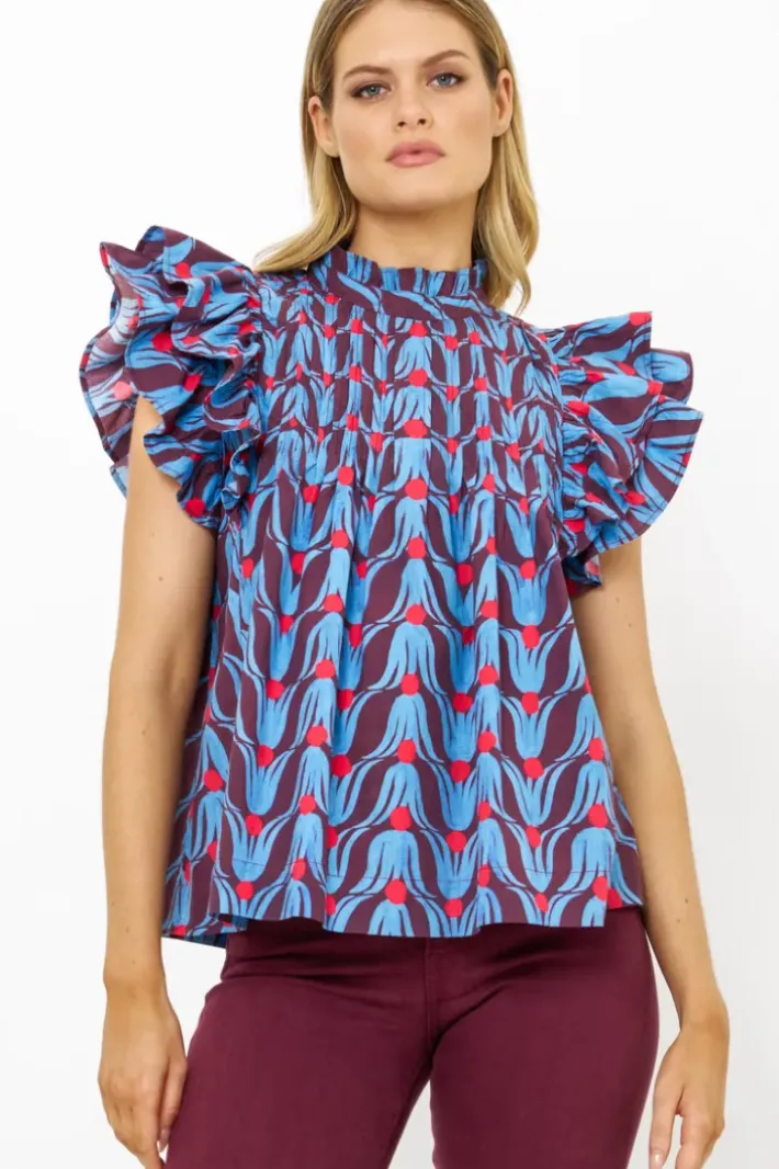 Online Pintuck Ruffle Top- Tulip Red Tops