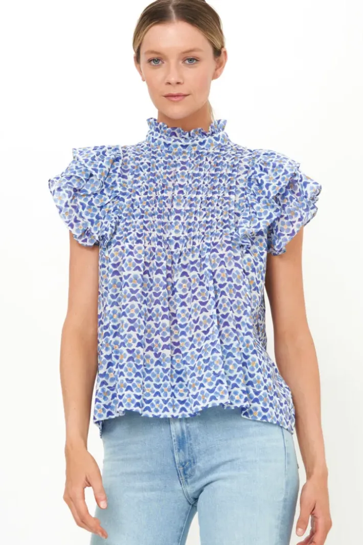 Discount Pintuck Ruffle Top- Veranda Blue Tops