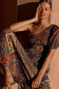 Hot Puff Sleeve One Shoulder Smocked Maxi- Persia Cobalt Maxis|Dresses