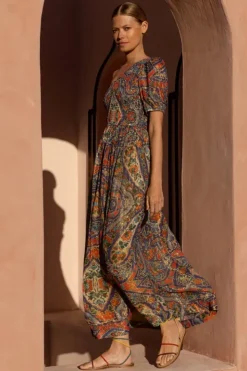 Hot Puff Sleeve One Shoulder Smocked Maxi- Persia Cobalt Maxis|Dresses