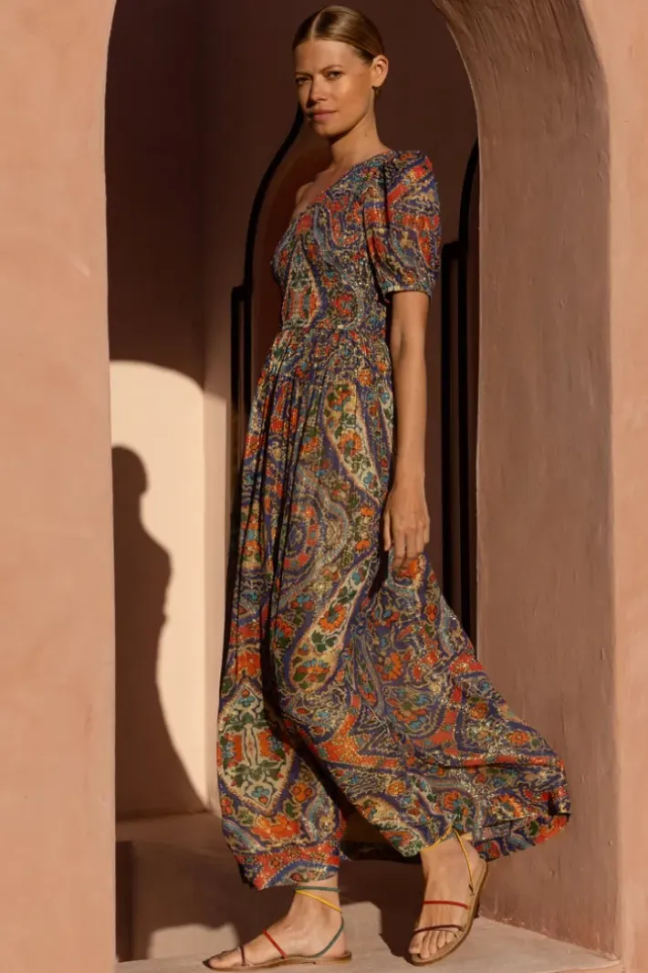 Hot Puff Sleeve One Shoulder Smocked Maxi- Persia Cobalt Maxis|Dresses