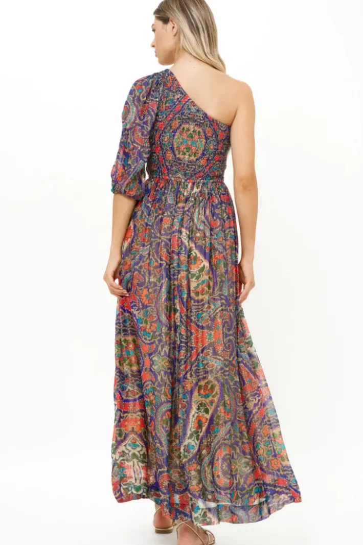 Hot Puff Sleeve One Shoulder Smocked Maxi- Persia Cobalt Maxis|Dresses