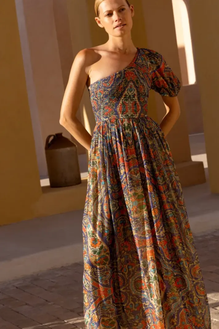 Hot Puff Sleeve One Shoulder Smocked Maxi- Persia Cobalt Maxis|Dresses
