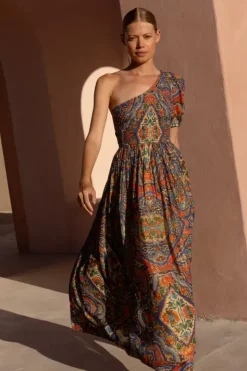 Hot Puff Sleeve One Shoulder Smocked Maxi- Persia Cobalt Maxis|Dresses