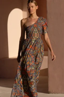 Hot Puff Sleeve One Shoulder Smocked Maxi- Persia Cobalt Maxis|Dresses