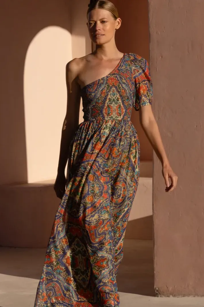 Hot Puff Sleeve One Shoulder Smocked Maxi- Persia Cobalt Maxis|Dresses