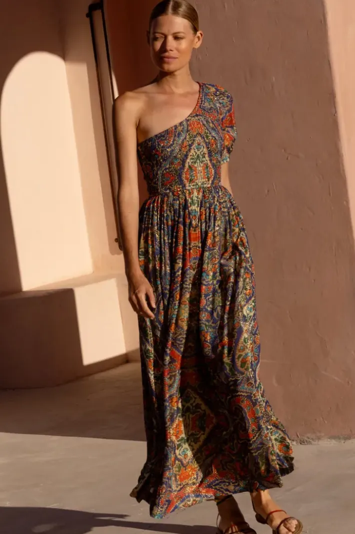 Hot Puff Sleeve One Shoulder Smocked Maxi- Persia Cobalt Maxis|Dresses