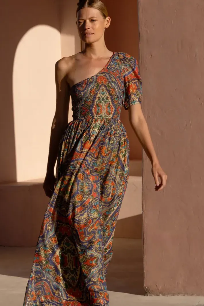 Hot Puff Sleeve One Shoulder Smocked Maxi- Persia Cobalt Maxis|Dresses