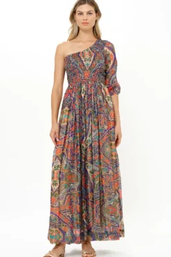 Hot Puff Sleeve One Shoulder Smocked Maxi- Persia Cobalt Maxis|Dresses