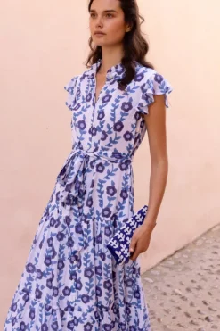 Online Ruffle Collar Button Maxi- Toscana Blue Maxis|Dresses