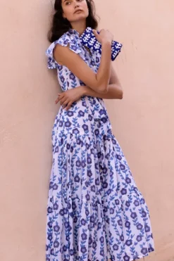 Online Ruffle Collar Button Maxi- Toscana Blue Maxis|Dresses