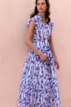 Online Ruffle Collar Button Maxi- Toscana Blue Maxis|Dresses