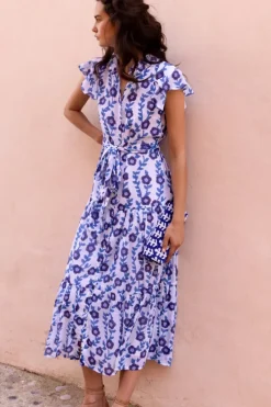 Online Ruffle Collar Button Maxi- Toscana Blue Maxis|Dresses