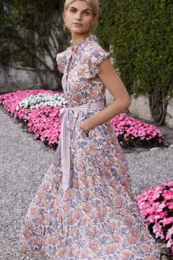 Outlet Ruffle Collar Button Maxi- Montenegro Coral Maxis