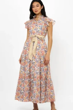 Outlet Ruffle Collar Button Maxi- Montenegro Coral Maxis