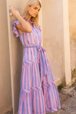 Ruffle Collar Button Maxi- Cabana Pink Maxis|Dresses