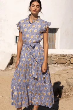 Best Ruffle Collar Button Maxi- Mughal Blue Maxis|Dresses