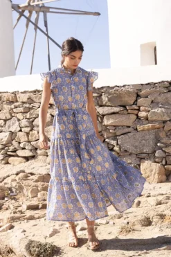 Best Ruffle Collar Button Maxi- Mughal Blue Maxis|Dresses