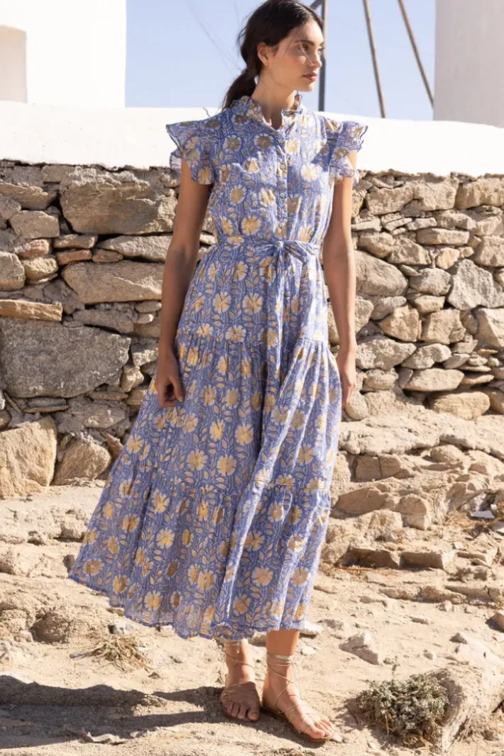 Best Ruffle Collar Button Maxi- Mughal Blue Maxis|Dresses