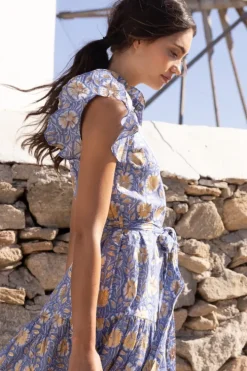 Best Ruffle Collar Button Maxi- Mughal Blue Maxis|Dresses