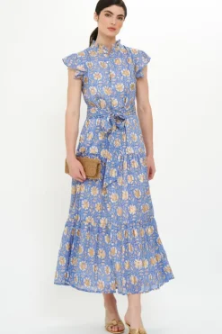 Best Ruffle Collar Button Maxi- Mughal Blue Maxis|Dresses