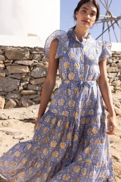 Best Ruffle Collar Button Maxi- Mughal Blue Maxis|Dresses