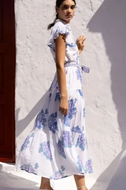 Discount Ruffle Collar Button Maxi- Portofino Blue Maxis|Dresses