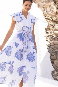 Discount Ruffle Collar Button Maxi- Portofino Blue Maxis|Dresses
