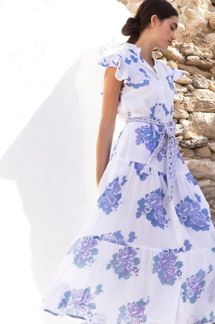 Discount Ruffle Collar Button Maxi- Portofino Blue Maxis|Dresses
