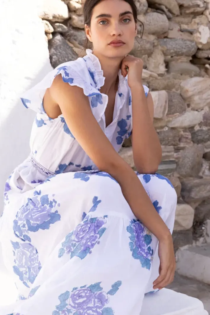 Discount Ruffle Collar Button Maxi- Portofino Blue Maxis|Dresses